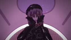 3d bangs beret blue_lipstick blue_skin bodysuit brown_eyes collar cuffs custom_maid_3d_2 face_paint fangs female_only femdom femsub gloves glowing_eyes hat hypnotized_dom latex li_q lipstick long_hair looking_at_viewer multicolored_hair original pink_eyes pov pov_sub purple_hair rubber symbol tight_clothing