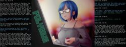  addictive altered_perception animated animated_eyes_only animated_gif arcade_game bare_shoulders blue_eyes blue_hair breasts caption female_only femsub game_cg glasses gradient_background hunie_pop lily_(manipper) manip nikki_ann-marie ninamo polybius short_hair solo spiral_eyes spiralwash_eyes sweater text 