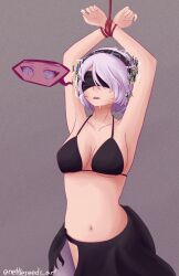  absurdres arms_above_head bikini_top blindfold bondage breasts collarbone drool female_only femsub hair_band mole navel nettleseeds nier_automata open_mouth restrained short_hair signature simple_background solo spiral_eyes standing static_eyes symbol_in_eyes tech_control white_hair yorha_no._2_type_b 
