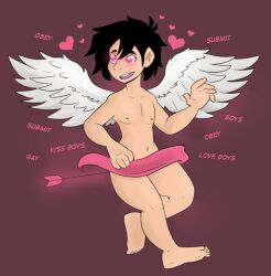  arrow aura bare_legs bare_shoulders barefoot big_hero_6 black_hair censored cupid disney feet heart heart_eyes hiro_hamada legs male_only malesub midriff mr.h naked_ribbon navel nipples nude ribbon sexuality_change short_hair simple_background solo straight_to_gay symbol symbol_in_eyes tagme text wings 
