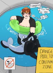  blush bruce_(nsfwbrucie) dialogue embarrassed floating furry inflatable inflation latex lying nose_ring nsfwbrucie open_mouth orca_boy original pool pooltoy shirt smile speech_bubble sunglasses text topless transformation water 