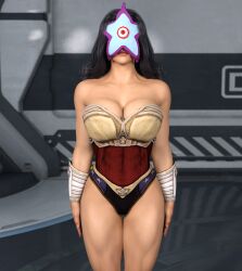 3d bare_shoulders black_hair breasts cleavage collarbone dc_comics expressionless female_only femsub huge_breasts op-tron solo standing standing_at_attention starro super_hero wonder_woman
