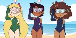  amphibia anne_boonchuy beach blonde_hair blue_eyes brown_hair dark_skin disney earbuds empty_eyes eyebrows_visible_through_hair female_only femsub gloves headband latex leotard lirudraw luz_noceda opera_gloves saluting short_hair spiral star_butterfly star_vs_the_forces_of_evil tech_control the_owl_house visor water 
