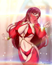 bracelet dancing empty_eyes erza_scarlet fairy_tail female_only femsub hadant harem_outfit large_breasts long_hair midriff navel red_hair see-through signature tattoo veil watermark