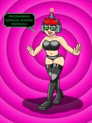 absurdres antenna breasts erect_nipples female_only fembot femsub happy_trance harper_(hypnokissed) headphones hypnotic_accessory latex original red_hair robotization short_hair smile solo spiral_eyes supertechno324 symbol_in_eyes tech_control text thighhighs western