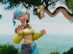  3d blonde_hair blue_hair canari_(pokemon) crop_top dark_skin disney femsub kaa kaa_eyes maledom multicolored_hair nintendo one_eye_open pokemon realsonuvagun snake the_jungle_book 