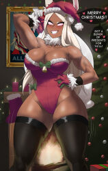  bell blush bow breasts bunny_ears bunny_girl bunnysuit candle christmas christmas_tree cleavage dark_skin dialogue echo_saber female_only femsub gift gloves glowing_eyes hand_on_head hand_on_hip hat heart huge_breasts lipstick long_hair looking_at_viewer manip misterman4_(manipper) muscle_girl my_hero_academia pink_eyes ribbon rumi_usagiyama santa_costume santa_hat smile solo speech_bubble spiral_eyes tagme text thighhighs white_hair 