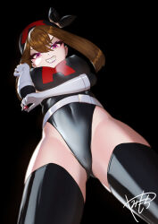  bandana belt black_background breasts brown_hair cameltoe corruption empty_eyes enemy_conversion erect_nipples erect_nipples_under_clothes evil_smile eyelashes eyeshadow femdom gloves high_heels huge_breasts leotard lipstick looking_at_viewer makeup may nintendo pink_eyes pokemon pokemon_ruby_sapphire_and_emerald purple_lipstick signature simple_background team_rocket thigh_boots thighhighs yamimochi 