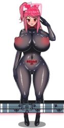  blush bodysuit cameltoe collar control_indicator crotch_tattoo drone empty_eyes erect_nipples erect_nipples_under_clothes frozen_gingasan gunslinger_stratos hair_ornament huge_breasts kyoka_katagiri latex long_hair looking_at_viewer nipples open_mouth pink_hair progress_indicator red_eyes rubber see-through side_ponytail simple_background standing standing_at_attention tech_control text thick_thighs tight_clothing white_background wide_hips 