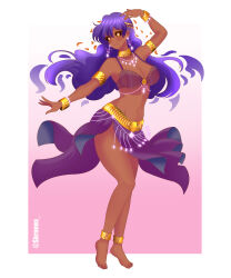 anklet arm_bands bare_shoulders barefoot belt black_sclera border bracelet breasts cleavage collar dancing earrings empty_eyes female_only femsub ghost glowing gradient_background hair_ornament happy_trance harem_outfit hypnotic_accessory hypnotic_magic jewelry kronobas28 long_hair magic midriff navel necklace original purple_hair signature simple_background smile solo xochilt_(toast)