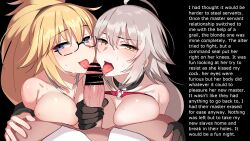 blonde_hair blue_eyes breast_press breasts caption censored choker collaboration collaborative_fellatio cum fate/apocrypha fate/grand_order fate_(series) fellatio femsub heterosexual jeanne_alter jeanne_d&#039;arc_(fate) large_breasts looking_at_viewer male_pov maledom manip multiple_girls ndgd penis pov pov_dom rak_(manipper) sweat text tongue tongue_out white_hair yellow_eyes
