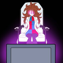  android_21 breasts brown_hair clothed coat dragon_ball dragon_ball_fighterz earrings femsub glasses glowing_eyes hypnotic_screen jewelry katsiika long_hair sitting solo 