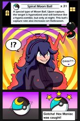  blue_hair bouncing_breasts comic dialogue femsub halloween happy_trance hex_maniac large_breasts long_hair nintendo pokeball pokemon pokemon_x_and_y smile sortish spiral_eyes standing_at_attention tagme tech_control text 