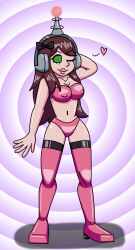 antenna bikini boots breasts erect_nipples female_only fembot femsub happy_trance headphones hypnotic_accessory large_breasts latex long_hair looking_at_viewer original robotization smile solo spiral_eyes supertechno324 symbol_in_eyes tech_control thigh_boots western