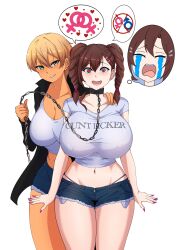  aware bare_legs before_and_after blonde_hair body_control breast_expansion collar femdom femsub gina_(jethnoblast) green_eyes gyaru hannah_(jethnoblast) heart_eyes huge_breasts jacket jean_shorts jethnoblast large_breasts leash nail_polish original resisting sexuality_change short_hair shorts straight_to_gay tan_skin tears twintails unhappy_trance yuri 