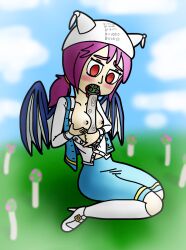 blush breasts breasts_outside empty_eyes femsub mushroom nettimato open_clothes open_mouth original purple_hair red_eyes sketch tongue tongue_out wings