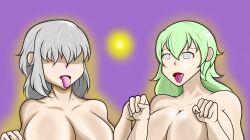 blush bottomless breasts femsub green_hair grey_hair happy_trance josan215b large_breasts nude open_mouth short_hair spiral_eyes symbol_in_eyes topless