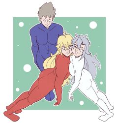  a_(xenoblade) abs ahoge alternate_costume ass bangs beard blonde_hair bodysuit border breast_press brown_hair cheek_squish clothed collarbone ef-nsfw femsub goatee happy_trance leaning_forward long_hair malesub multiple_boys multiple_subs non-binary non-binary_sub rex_(xenoblade) scar scars short_hair shrunken_irises shulk_(xenoblade) silver_hair simple_background smile standing symmetrical_docking tight_clothing xenoblade_chronicles xenoblade_chronicles_3 xenoblade_chronicles_3_future_redeemed 