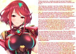  baffu breasts caption caption_only consensual female_only femdom fingerless_gloves gloves glowing huge_breasts hypnotic_breasts jewelry large_breasts manip mommy nintendo pov pov_sub pyra_(xenoblade) red_eyes red_hair short_hair smile text wholesome wildcard77_(manipper) xenoblade_chronicles xenoblade_chronicles_2 