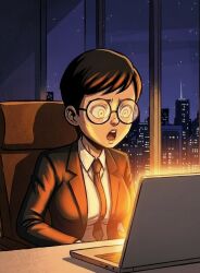 ai_art black_hair carmen_sandiego chair clothed female_only femsub glasses glowing_eyes julia_argent_(carmen_sandiego) laptop night office office_lady open_mouth short_hair solo suit tech_control tie yellow_eyes zupern0va_(manipper)