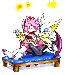 amortem-kun amy_rose bat_girl blush collar cyan_eyes dancer female_only femdom femsub furry harem_outfit headband hedgehog_girl jewelry leash manip pink_eyes pink_hair rouge_the_bat seductive_smile sonic_the_hedgehog_(series) veil white_hair yuri