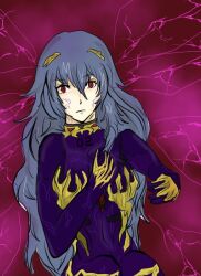 alternate_hair_color alternate_hairstyle aura bodysuit breast_grab breasts cleavage corruption crossover facial_markings femsub glowing glowing_eyes godzilla_(series) holding_breasts king_ghidorah la_px5 long_hair neon_genesis_evangelion possession purple_hair red_eyes rei_ayanami