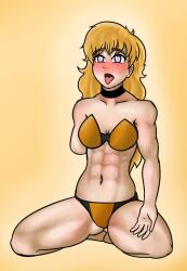 abs amputee blonde_hair blush breasts female_only femsub heart heart_eyes kneeling long_hair open_mouth rwby sandspire solo sweat symbol_in_eyes tongue tongue_out yang_xiao_long