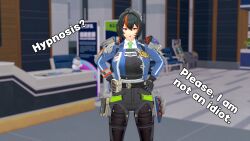 aware black_hair clothed dannos denial dialogue english_text female_only gloves multicolored_hair orange_eyes orange_hair police_uniform policewoman ponytail solo text zenless_zone_zero zhu_yuan