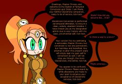 arms_behind_back assertive_sub belt bodysuit chrono_trigger clock collar dronification earrings eyebrows_visible_through_hair female_only femsub gradient_background green_eyes happy_trance hypnoscream hypnotized_hypnotist jewelry large_breasts long_hair marle orange_background orange_hair ponytail robotic_trance simple_background smile solo symbol_in_eyes tick-tock_saying tight_clothing