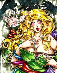 absurdres blonde_hair blush bra breasts cleavage curly_hair drool femsub freckles hat huge_breasts long_hair necklace open_clothes original pendulum pocket_watch princess puckered_lips sketch spiral spiral_eyes symbol_in_eyes theladyj traditional underwear undressing western