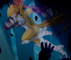 absurdres alternate_costume claws cosplay digimon digimon_tamers disguised_hypnotist empty_eyes expressionless female_only fembot femsub high_heels orange_hair outdoors ponytail renamon rika_nonaka robotization solo story tagme visor 