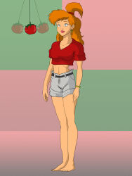 attack_of_the_killer_tomatoes bare_legs barefoot blue_eyes clothed collarbone crop_top earrings expressionless female_only femsub long_hair midriff navel orange_hair pendulum ponytail red_hair shorts shrunken_irises simple_background solo standing tara_boumdeay trishbot