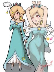  arms_above_head before_and_after blonde_hair femsub nintendo pendulum princess_rosalina spiral_eyes super_mario_bros. symbol_in_eyes toggy_keiichi undressing white_background 