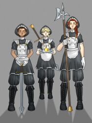  bell bell_(h.a.t) blonde_hair boots brown_hair color earrings empty_eyes femsub gloves glowing_eyes grey_background h.a.t kittischmitti maid multiple_girls multiple_subs red_hair standing_at_attention sword tan_skin tray uniform weapon 