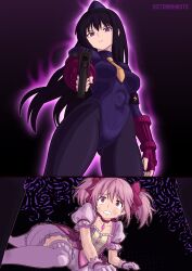  absurdres alternate_costume aura bad_end beret black_hair breasts capcom clothed costume empty_eyes expressionless female_only female_pov femdom femsub gloves gun homura_akemi hypnotized_dom leggings long_hair lying madoka_kaname magical_girl pink_hair pov pov_sub puella_magi_madoka_magica shadaloo_dolls short_hair simple_background street_fighter tears thighhighs tie victoriamikoto weapon 