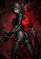 alternate_costume ass black_leather brown_hair clothed corruption evil_smile femsub gun hoodie overwatch reaper red_eyes short_hair smile tattoo tracer zoma