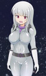  absurdres belt bodysuit breasts cameltoe corruption enemy_conversion female_only gloves heidemarie_w._schnaufer huge_breasts long_hair navel notraider open_mouth opera_gloves precure purple_eyes smile solo spiral_eyes strike_witches tears thighs vicebossjon white_hair 
