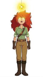   ai_art belt boots clothed female_only femsub fingerless_gloves gloves glowing glowing_eyes nomad_of_nowhere pants pendulum red_hair shirt simple_background skout solo standing white_background yellow_eyes zupern0va_(manipper)