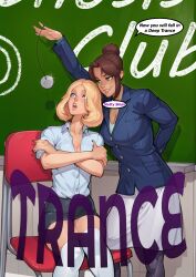 blonde_hair blue_eyes brown_hair classroom comic femdom femsub green_eyes hair_buns pantyhose sculptortusk short_hair skirt socks tagme