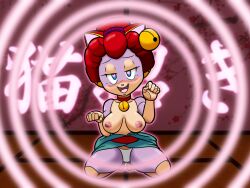 blush breasts breasts_outside cat_girl female_only femdom heart heart_eyes kimono kneeling looking_at_viewer magic open_clothes open_mouth panties polly_esther pov pov_sub red_hair samurai_pizza_cats symbol_in_eyes tansau text topless underwear