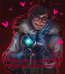  evil_smile femdom fur_coat glowing glowing_eyes happy_trance heart jang_ju_hyeon looking_at_viewer love manip mei_(overwatch) overwatch pov pov_sub smile t323_(manipper) text weapon yandere 