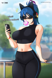 before_and_after blue_hair glasses headphones heroic_hope phone sports_bra sportswear yhw