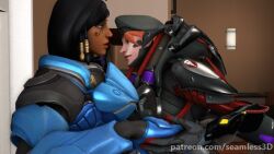  3d animated animated_gif armor black_hair breasts clothed drool female_only femsub heterochromia moira_o&#039;deorain open_mouth orange_hair overwatch pharah seamless source_filmmaker tattoo tongue whitewash_eyes 