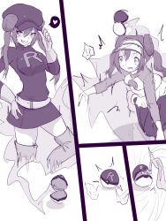  before_and_after breast_expansion breasts comic corruption double_hair_bun empty_eyes enemy_conversion femsub greyscale hair_buns hat heart large_breasts long_hair nintendo pokeball pokemon pokemon_black_and_white_2 reia rosa_(pokemon) solo team_rocket twintails 