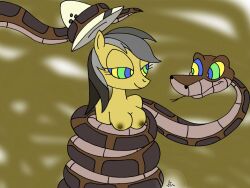 black_hair breasts coils daring_do disney femsub grey_hair happy_trance hat horse_girl hypnotic_eyes kaa kaa_eyes lol20 long_hair multicolored_hair my_little_pony nipples smile snake spiral_eyes symbol_in_eyes the_jungle_book tongue tongue_out topless