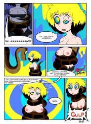 absurdres black_hair blonde_hair breasts coils comic dazed disney erika_(er-ikaa) expressionless femsub hypnotic_eyes kaa kaa_eyes large_breasts multicolored_hair nipples open_mouth original penken snake text the_jungle_book topless torn_clothes undressing