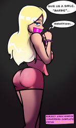 ass bare_shoulders blonde_hair blue_eyes cleavage cuffs dress earrings empty_eyes eyeshadow female_only femsub gag grey_background large_breasts llamallamathesecond long_hair makeup simple_background solo speech_bubble standing