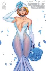  alternate_costume alternate_hairstyle bare_legs bare_shoulders blonde_hair breasts bridal_veil cammy_white capcom choker cleavage comic cover earrings enemy_conversion expressionless female_only femsub gloves large_hips looking_at_viewer official opera_gloves robaato roses saluting scar see-through short_hair signature solo street_fighter text thick_thighs thighs wedding_dress western white_background 