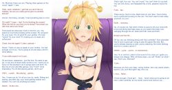 absurdres belt blonde_hair blush breasts caption caption_only cleavage coin couch fate/apocrypha fate_(series) female_only femdom femsub game_controller green_eyes heart heart_eyes jean_shorts looking_at_viewer manip midriff mordred_(fate) mother_and_daughter necklace open_mouth pendulum playstation pov pov_dom short_shorts small_breasts symbol_in_eyes tank_top tears text tomboy wowan_baihe_zenmeliao zebulonpike_(manipper)