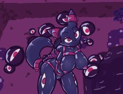  arms_behind_back bandai_namco bondage breasts choker cleavage crossover digimon eye_color_change eyeshadow femsub floating furry harness kuromaru large_breasts latex leaning_forward looking_at_viewer m.u.g.e.n. makeup non-binary non-binary_dom possession purple_eyes pussy renamon restrained tail trapknight 